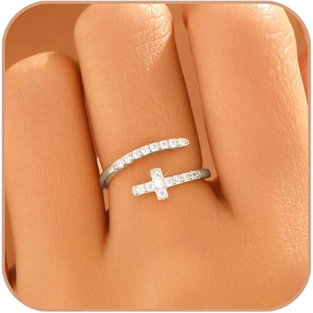 NEW Sterling Silver 925 CZ Cross Ring Adjustable Wrap Design Jewelry Size 6.5